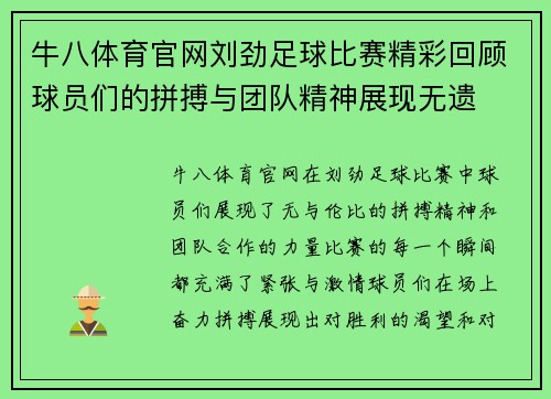 牛八体育官网刘劲足球比赛精彩回顾球员们的拼搏与团队精神展现无遗