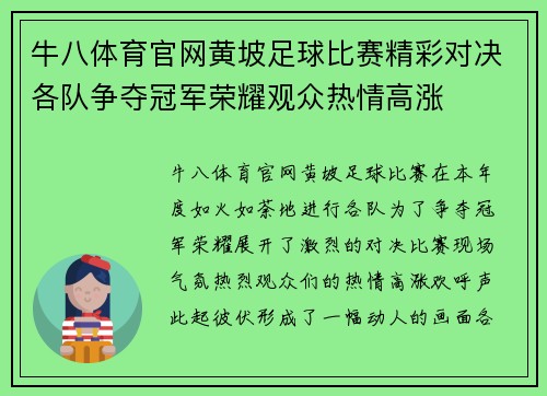 牛八体育官网黄坡足球比赛精彩对决各队争夺冠军荣耀观众热情高涨