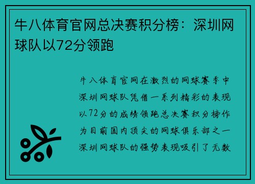 牛八体育官网总决赛积分榜：深圳网球队以72分领跑