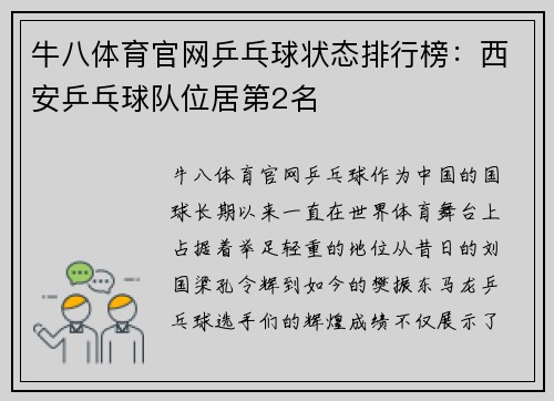 牛八体育官网乒乓球状态排行榜：西安乒乓球队位居第2名